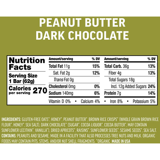 Kates Real Food Energy Bars Energy Peanut Dark Chocolate Box of 12 Yes