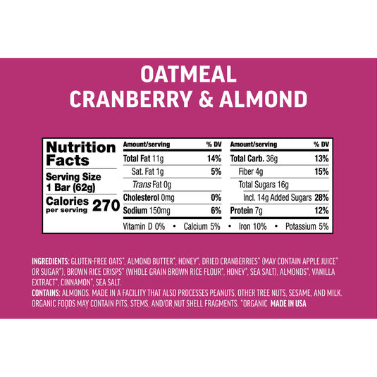 Kates Real Food Energy Bars Energy Oatmeal Cranberry Almond Box of 12 Yes Pack of  12
