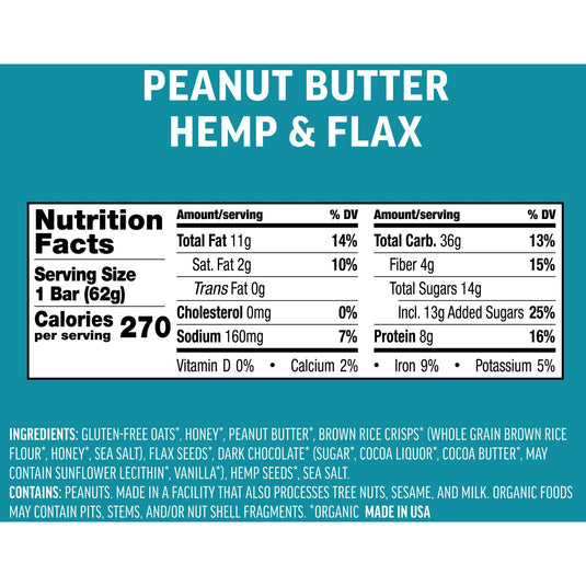 Kates Real Food Energy Bars Energy Peanut Butter Hemp Flax Box of 12 Yes