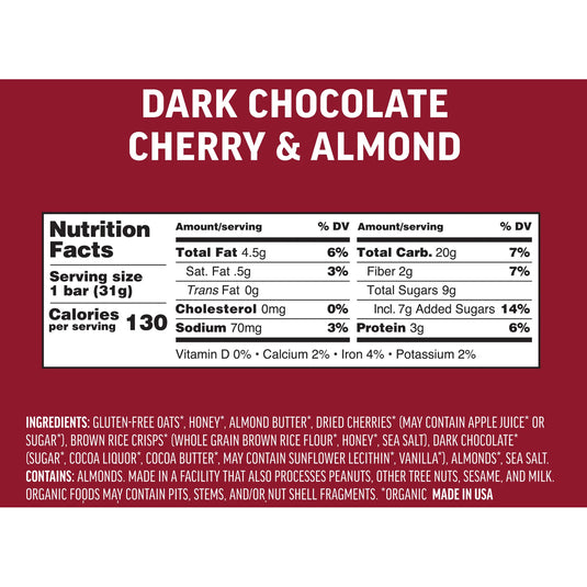 Kate's Real Food Mini Bar 1.1oz, 24/Box - Dark Choc/Cherry Almond