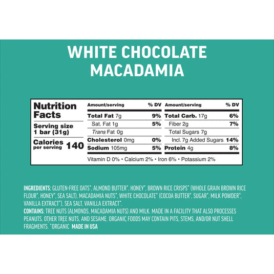Kate's Real Food Mini Bar 1.1oz, 24/Box - White Chocolate Macadamia