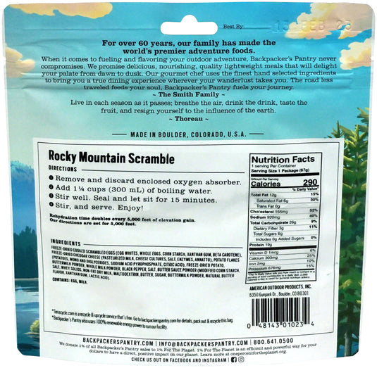 Backpacker's Pantry Rocky Mountain Scrambler 1 Serving 290 Cal 19g Protein
