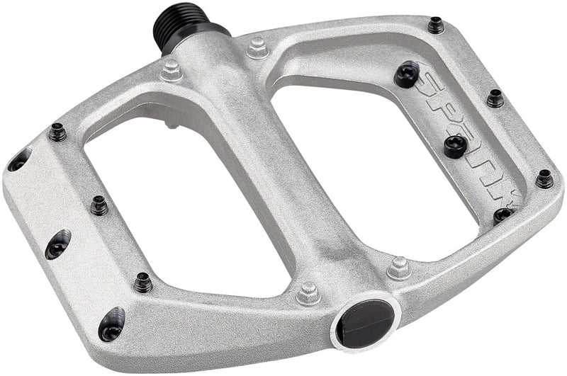 Load image into Gallery viewer, Spank Spoon DC Platform Pedals 9/16&quot; Concave Alloy Replaceable Pins Raw Silver
