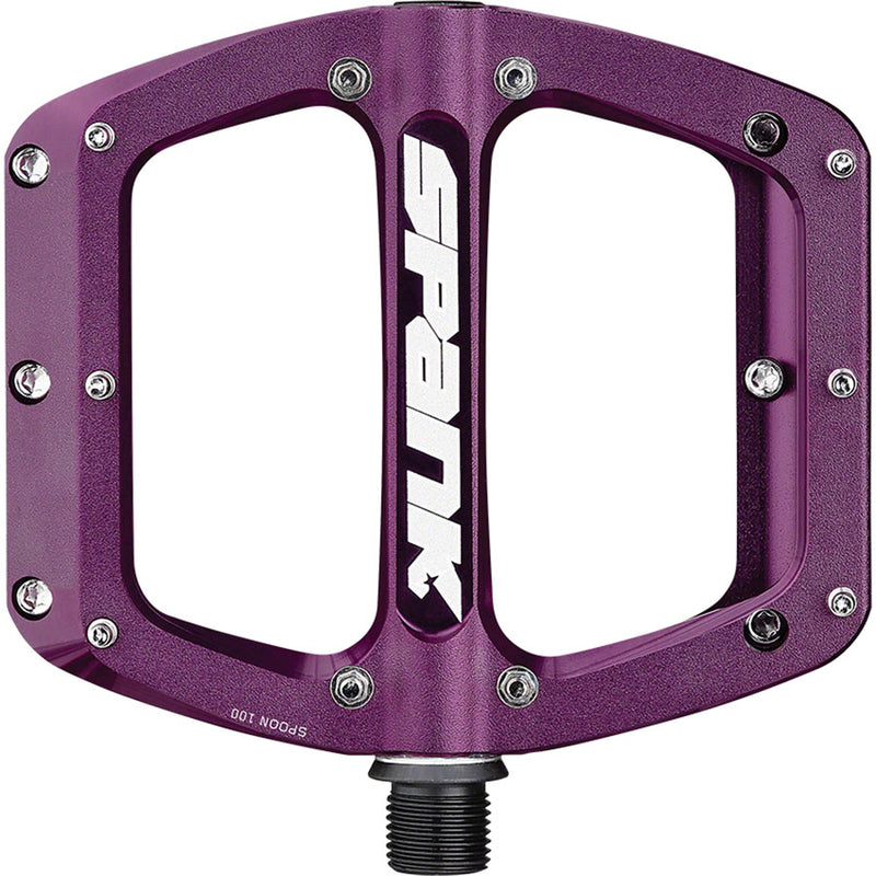 Load image into Gallery viewer, Spank Spoon 100 Platform Pedals 9/16&quot; Concave Alloy Body Replaceable Pins Purple
