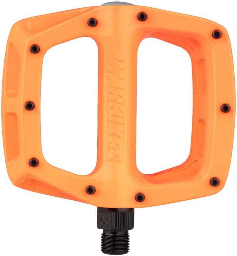 Load image into Gallery viewer, DMR V8 Platform Pedals 9/16&quot; Concave Aluminum Removable Pins Highlighter Orange
