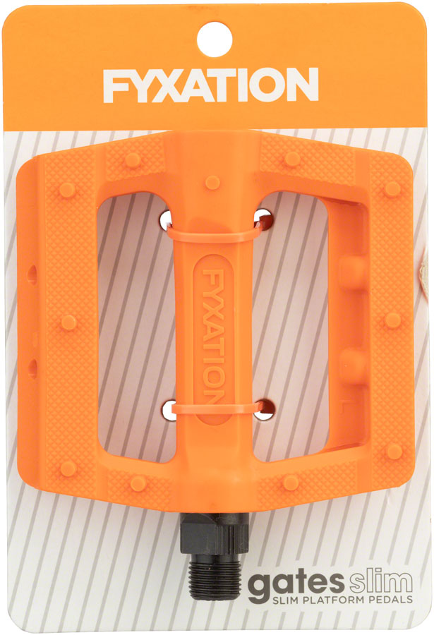 Load image into Gallery viewer, Fyxation Gates Slim Pedals 9/16&quot; Chromoly Spindle Nylon Body Molded Pins Orange
