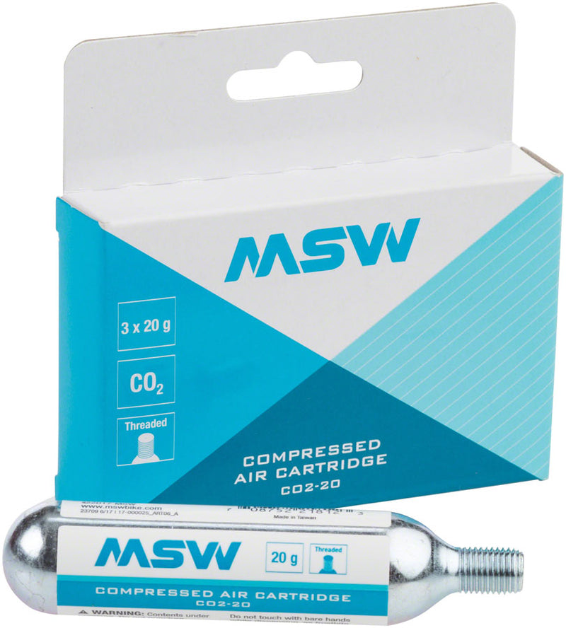 Load image into Gallery viewer, MSW CO2-20 Compressed Air Cartridges 20g, Threaded, 3-Pack Compatible with All Inflators, Bike Packing &amp; Maintenance
