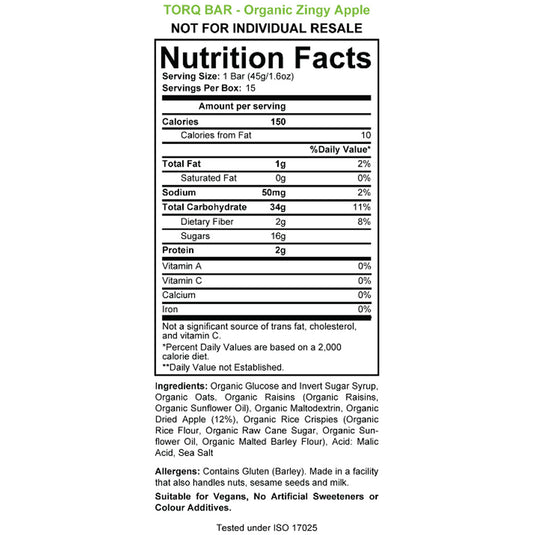 Torq Organic Energy Bar, Zingy Apple, 15/Count