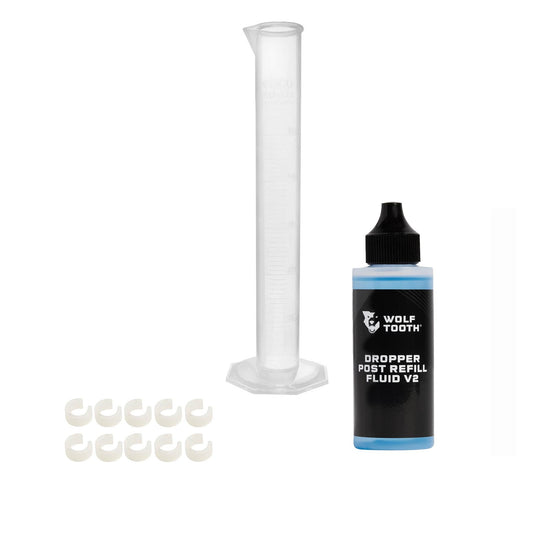 Wolf Tooth Resolve Dropper Post Service Kit - Refill Fluid 2oz, Graduated Cylinder, 10 Travel Adjustment Spacers