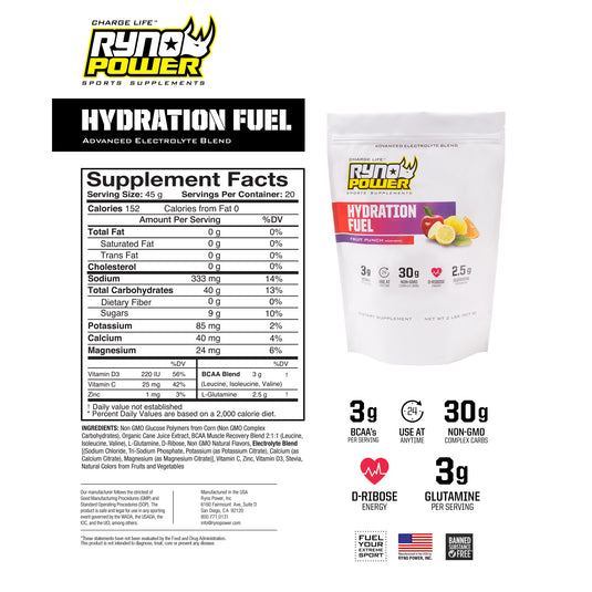 Ryno Power Hydration Fuel Drink Mix - Fruit Punch, 20 Servings (2 lbs.)
