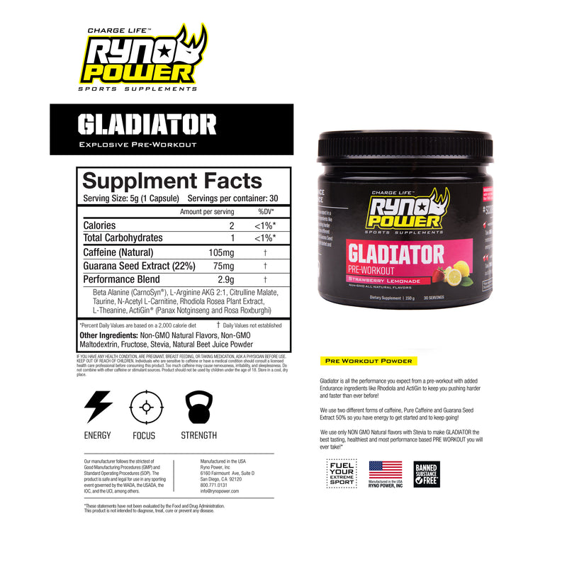 Load image into Gallery viewer, Ryno Power Gladiator Pre-Workout Drink Mix - Strawberry Lemonade, 30 Servings

