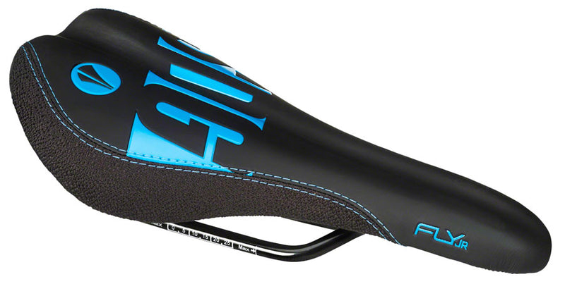 Load image into Gallery viewer, SDG Fly Jr Saddle - Cyan/Black 122mm Width 2pc Top w/ Durable Cordura Sides
