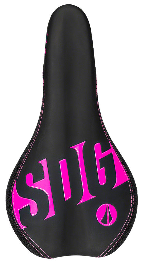 SDG Fly Jr Saddle - Neon Pink/Black 122mm Width Plush PU Foam Padding
