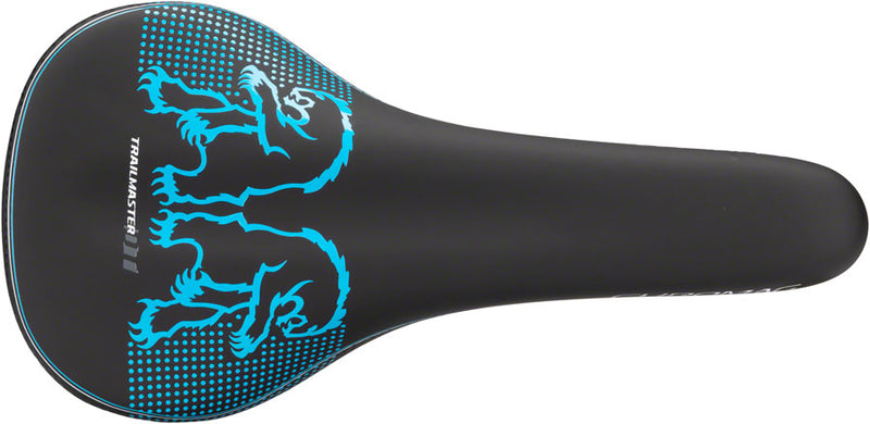 Load image into Gallery viewer, Chromag Trailmaster DT Saddle - Black/Cyan 140mm Width Chromoly Rail
