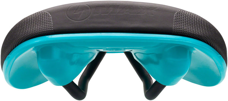 Load image into Gallery viewer, SDG Bel-Air V3 MAX Saddle - Lux-Alloy, Black/Turquoise, Sonic Welded Sides
