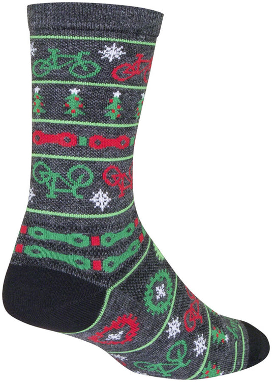 2 Pack SockGuy Wool Ride Merry Crew Socks - 6 inch, Gray/Red/Green, Small/Medium