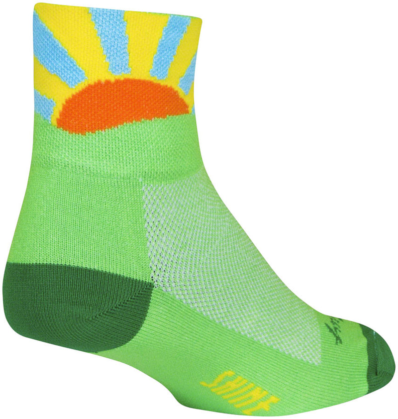 Load image into Gallery viewer, SockGuy Classic Sunshine Socks - 3 inch, Green/Yellow/Orange/Blue, Small/Medium
