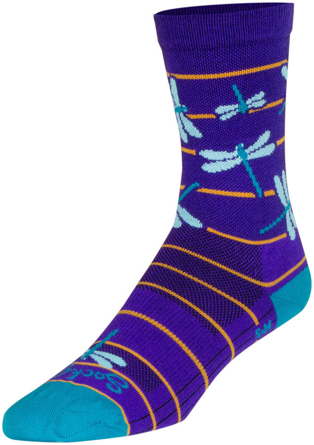 Load image into Gallery viewer, SockGuy Dragonflies Crew Socks - 6&quot;, Purple/Blue/Orange, Small/Medium
