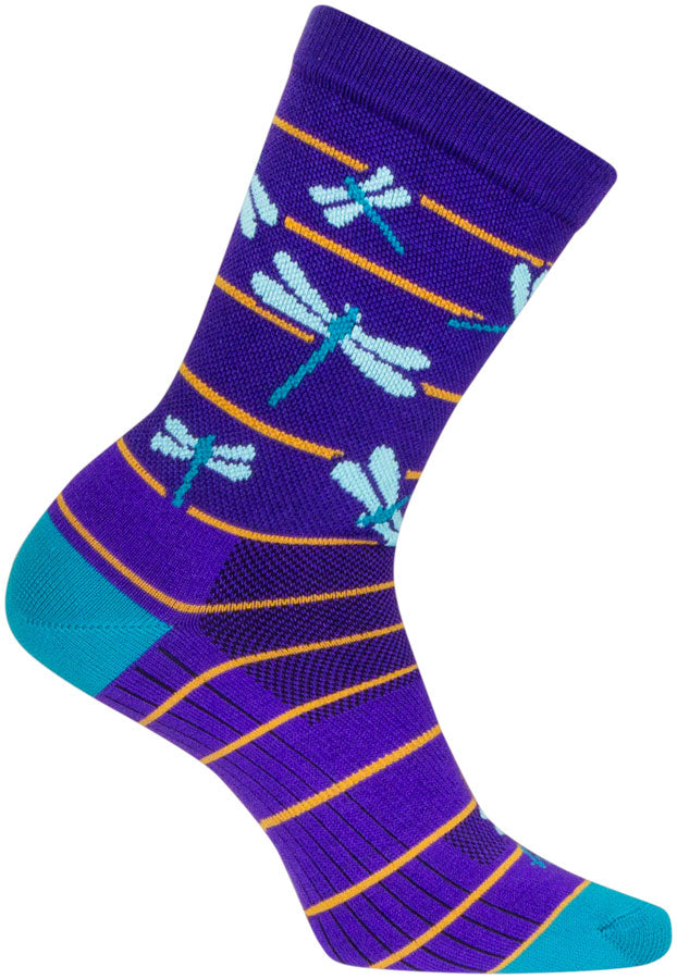 Load image into Gallery viewer, SockGuy Dragonflies Crew Socks - 6&quot;, Purple/Blue/Orange, Small/Medium
