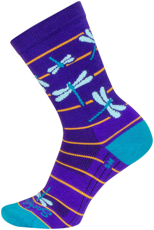 Load image into Gallery viewer, SockGuy Dragonflies Crew Socks - 6&quot;, Purple/Blue/Orange, Small/Medium
