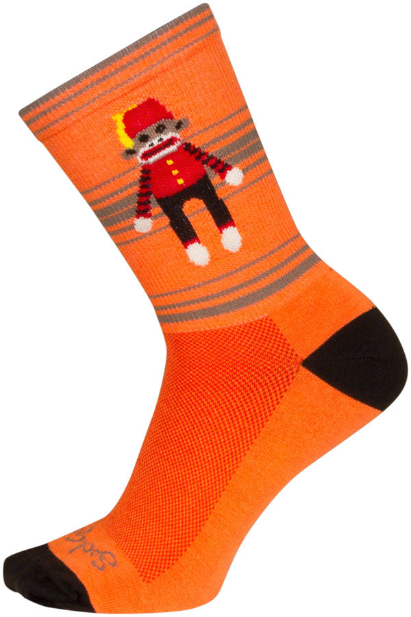 Load image into Gallery viewer, SockGuy Funky Monkey Crew Socks - 6&quot;, Orange/Red/Brown, Small/Medium
