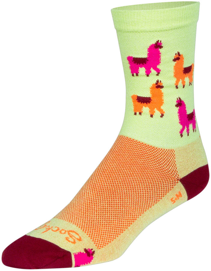 Load image into Gallery viewer, SockGuy Mo&#39; Llamas Crew Socks - 6&quot;, Green/Pink/Orange, Small/Medium
