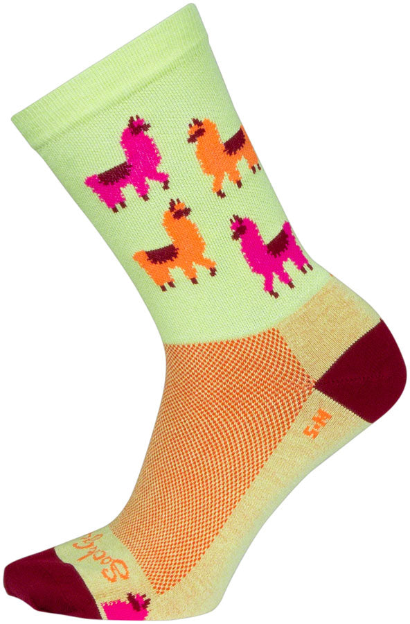 Load image into Gallery viewer, SockGuy Mo&#39; Llamas Crew Socks - 6&quot;, Green/Pink/Orange, Small/Medium

