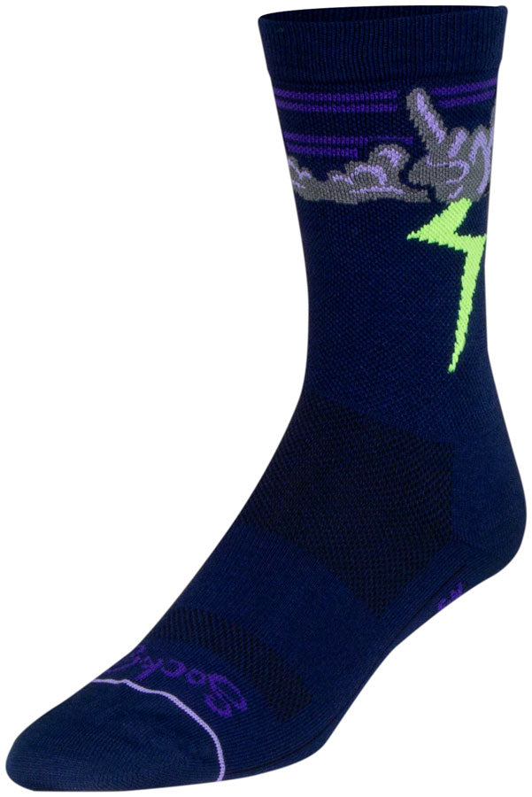 Load image into Gallery viewer, SockGuy Thunder Crew Socks - 6&quot;, Navy/Purple/Green, Small/Medium
