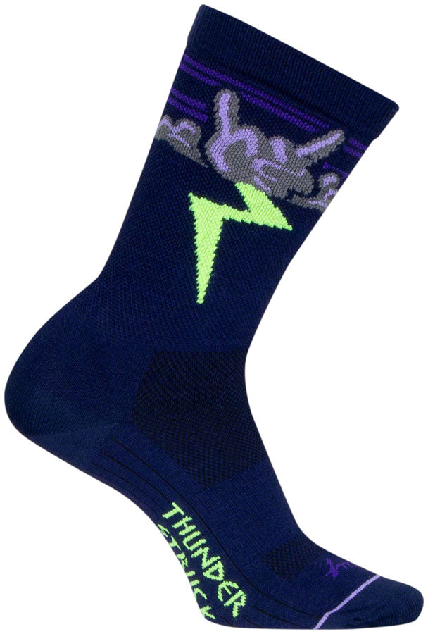 Load image into Gallery viewer, SockGuy Thunder Crew Socks - 6&quot;, Navy/Purple/Green, Small/Medium
