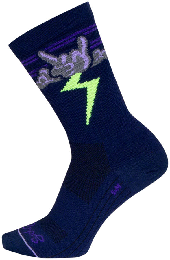 Load image into Gallery viewer, SockGuy Thunder Crew Socks - 6&quot;, Navy/Purple/Green, Small/Medium
