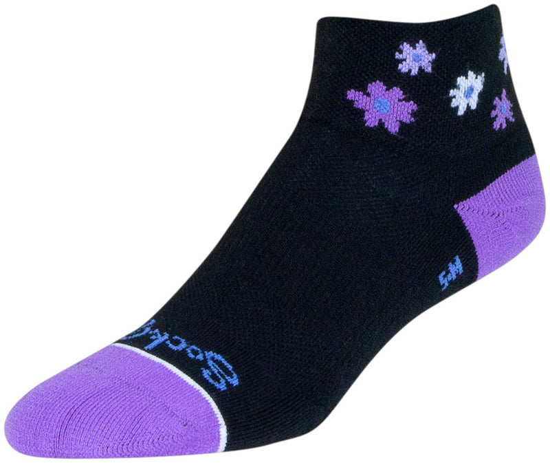 Load image into Gallery viewer, SockGuy Channel Air Daisy Classic Low Socks - 2 inch, Black/Purple, Women&#39;s, S/M
