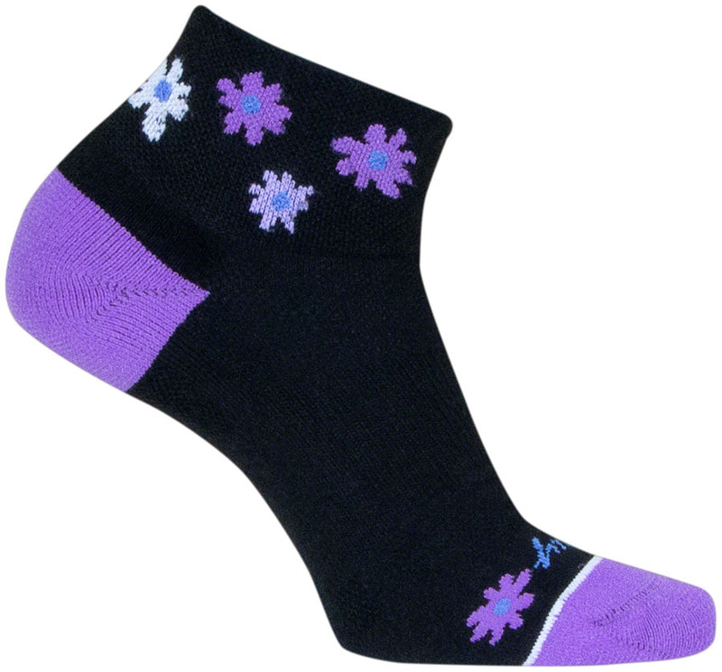 Load image into Gallery viewer, SockGuy Channel Air Daisy Classic Low Socks - 2 inch, Black/Purple, Women&#39;s, S/M
