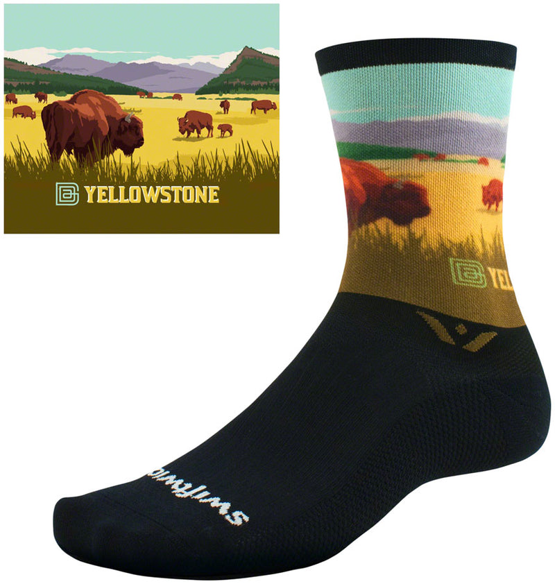 Load image into Gallery viewer, Swiftwick Vision Impression National Park Crew Socks - 6&quot;, YellowstAnkle Bison, XL
