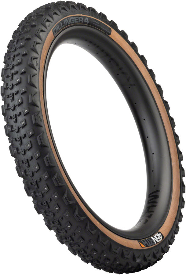 Load image into Gallery viewer, 45NRTH Dillinger 4 Tire - 27.5 x 4.0, Tubeless, Folding, Tan, 60 TPI, 168 Large Concave Carbide Aluminum Studs
