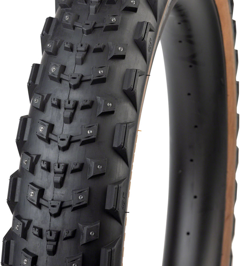 Load image into Gallery viewer, 45NRTH Dillinger 4 Tire - 26 x 4.2, Tubeless, Folding, Tan, 60 TPI, 168 Large Concave Carbide Aluminum Studs

