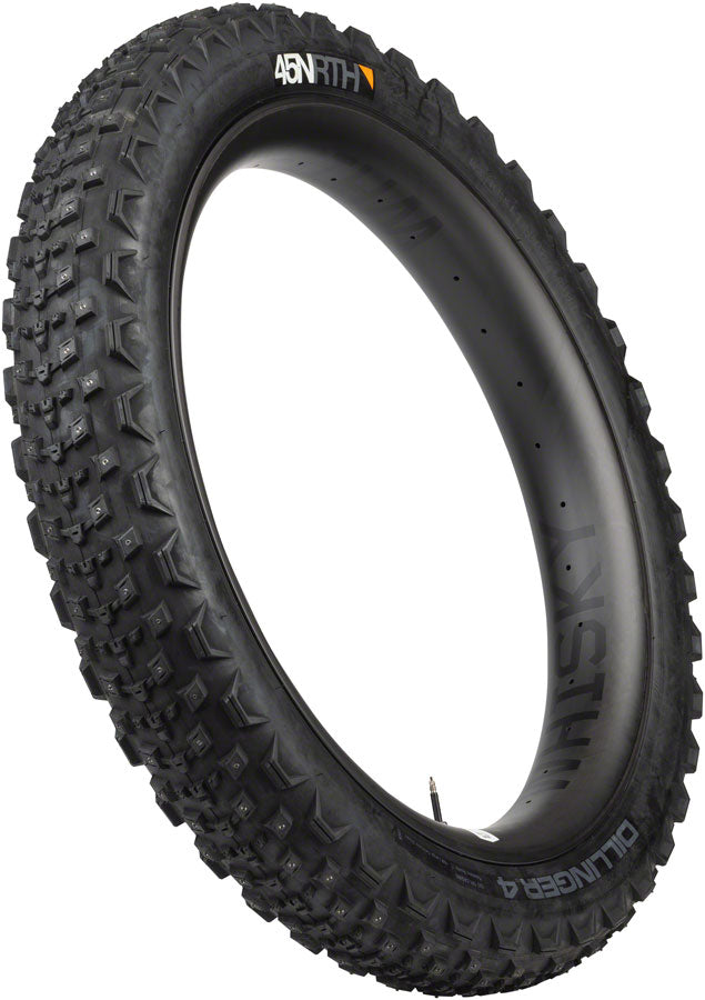 Load image into Gallery viewer, 45NRTH Dillinger 4 Tire - 26 x 4.2, Tubeless, Folding, Black, 120 TPI, 168 Large Concave Carbide Aluminum Studs

