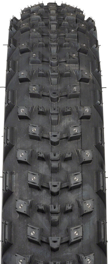 Load image into Gallery viewer, 45NRTH Dillinger 4 Tire - 26 x 4.2, Tubeless, Folding, Black, 120 TPI, 168 Large Concave Carbide Aluminum Studs
