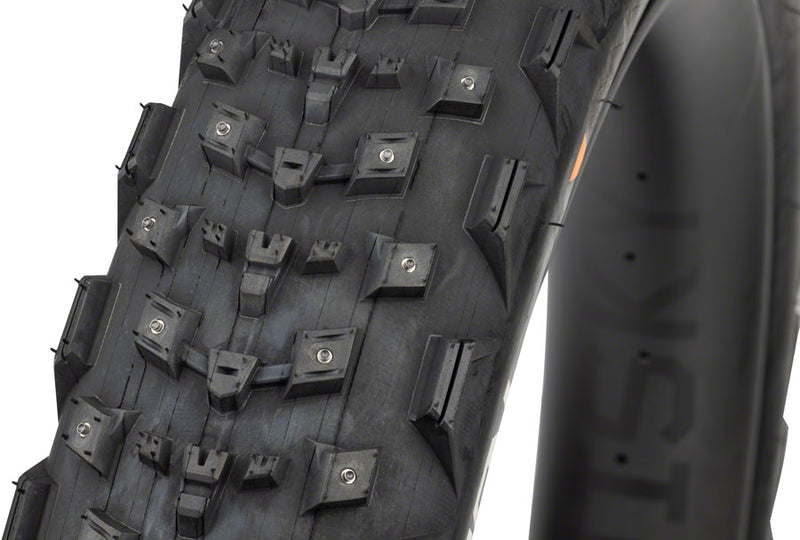 Load image into Gallery viewer, 45NRTH Dillinger 4 Tire - 27.5 x 4.0, Tubeless, Folding, Black, 120 TPI, 168 Large Concave Carbide Aluminum Studs
