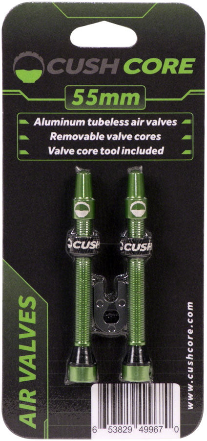 Load image into Gallery viewer, Cush Core Tubeless Air Valves 55mm Length Valve Set Aluminum Anodized Green
