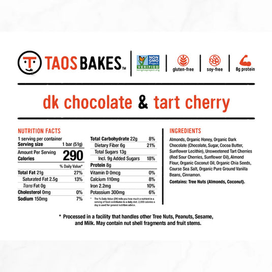 Taos Bakes Energy Bar, Dark Chocolate Tart Cherry, 12/Count