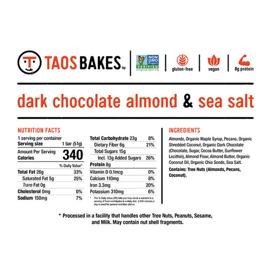 Taos Bakes Energy Bar, Dark Chocolate Almond, 12/Count