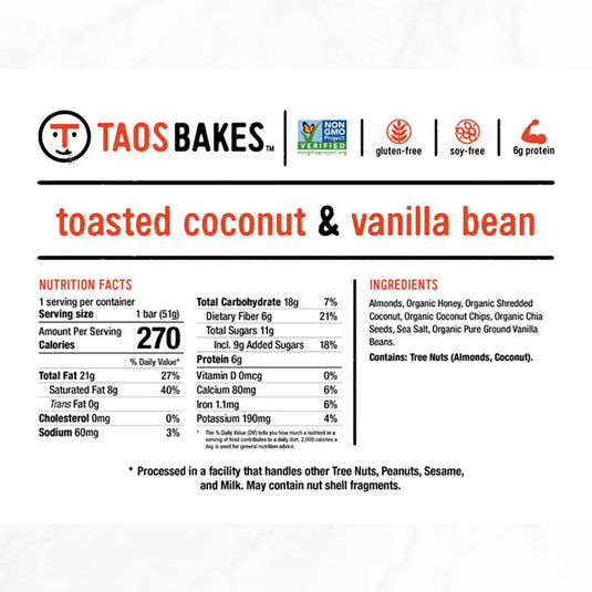 Taos Bakes Energy Bar, Toasted Coconut, 12/Count