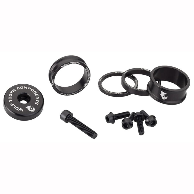 Load image into Gallery viewer, Wolf Tooth Headset BlingKit - 3, 5,10, 15mm Spacers, Top cap with Integrated 5mm Spacer, Raw Silver
