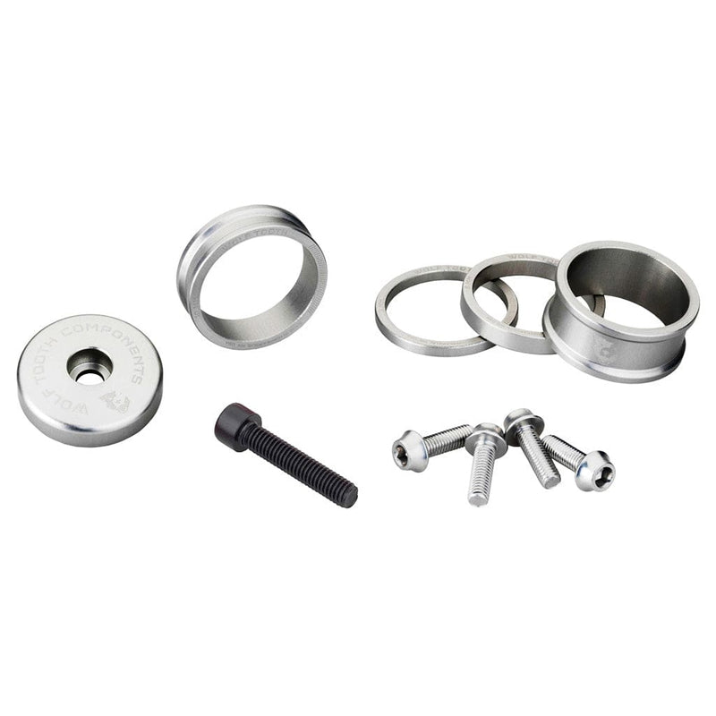 Load image into Gallery viewer, Wolf Tooth Headset BlingKit - 3, 5,10, 15mm Spacers, Top cap with Integrated 5mm Spacer, Raw Silver
