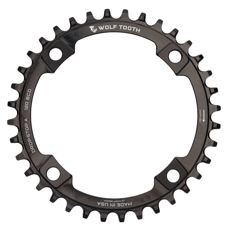 Load image into Gallery viewer, Wolf Tooth Drop Stop 36T 120 BCD Aluminum Chainring - Heavy-Duty MTB &amp; Road 1x Conversion for Maximum Chain Retention, Mud Clearing Drop-Stop Teeth, Compatible with 9-12 Speed Drivetrains, Black Lightweight Alloy Construction

