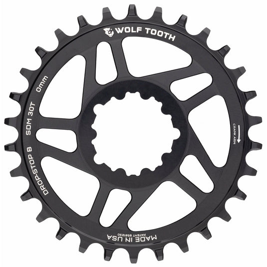 Wolf Tooth Direct Mount Chainring - 30t, SRAM Direct Mount, Drop-Stop B, For SRAM 3-Bolt Boost Cranks, 3mm Offset, Black