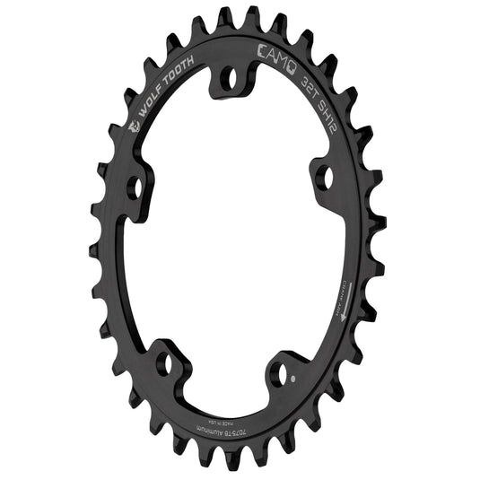 Wolf Tooth CAMO Drop-Stop 34t Chainring - 7075-T6 Aluminum, Asymmetrical Wear-Resistant, Mud Clearance, Compatible with 9-12 Speed, Black