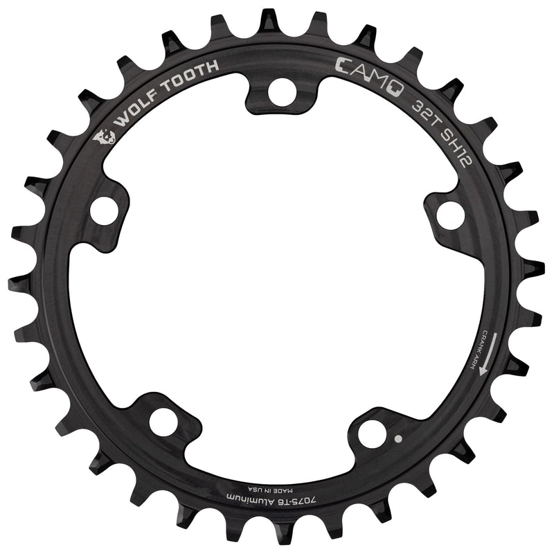 Load image into Gallery viewer, Wolf Tooth CAMO Drop-Stop 34t Chainring - 7075-T6 Aluminum, Asymmetrical Wear-Resistant, Mud Clearance, Compatible with 9-12 Speed, Black
