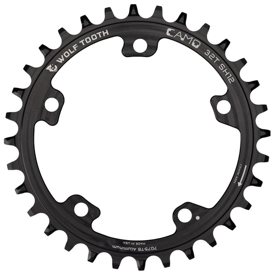 Wolf Tooth CAMO Drop-Stop 34t Chainring - 7075-T6 Aluminum, Asymmetrical Wear-Resistant, Mud Clearance, Compatible with 9-12 Speed, Black