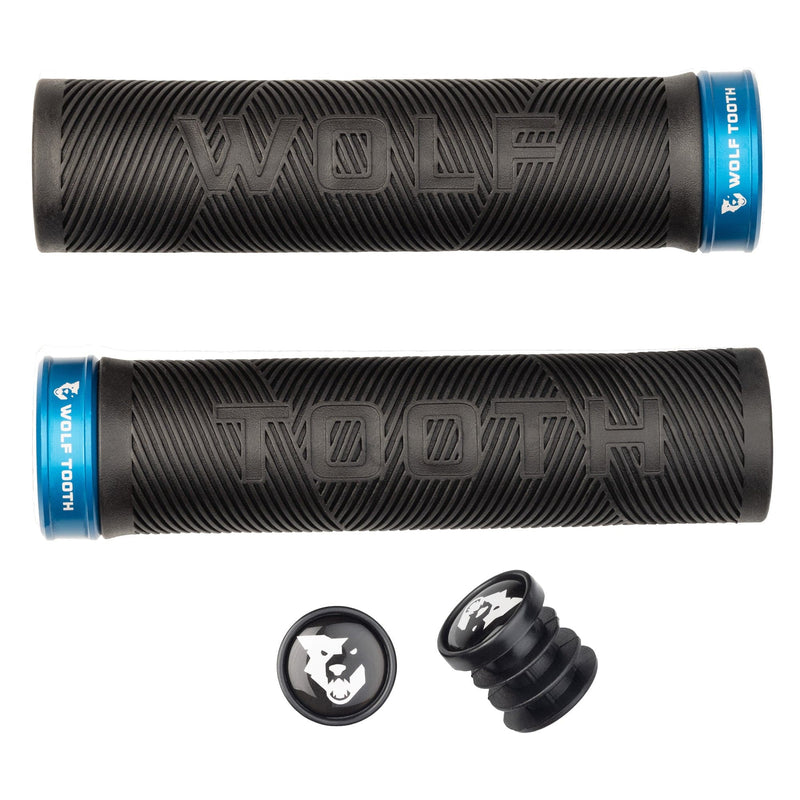 Load image into Gallery viewer, Wolf Tooth Echo Lock-On Mountain Bike Grips - Tacky Rubber, Anodized Aluminum Collars, Compatible with 22.2mm handlebars, 132mm Length, Gold
